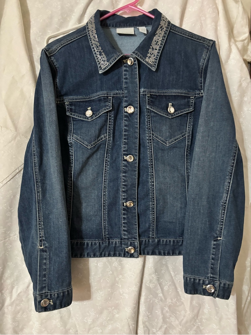 Women's Dark Blue Denim Jacket with Embellished Collar and rhinestone buttons